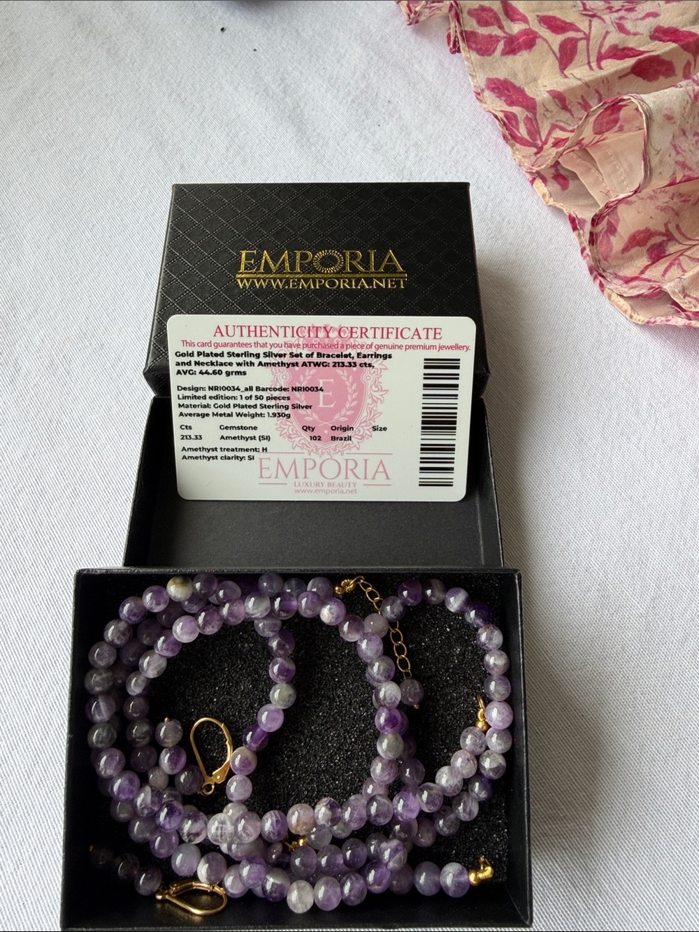 Gold plated Sterling Silver Amethyst Beaded Necklace,Bracelet and Earrings Set